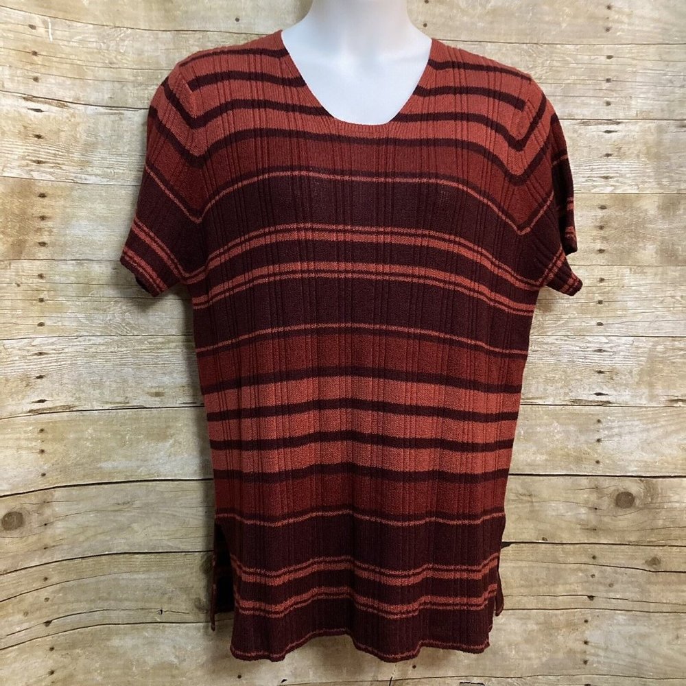 Avenue Size 2X Sweater Tunic Red Burgundy Striped Scoop Neck Short Sleeve
